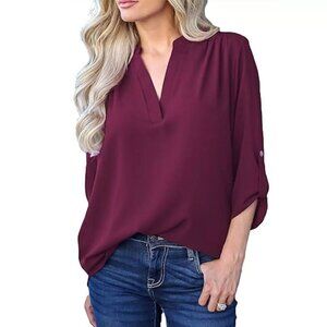 All In Favor Zinfandel Surplice Roll-Up Oversized Loose Tunic Chiffon Blouse XS